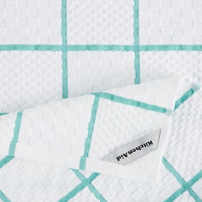 KITCHENAID Quilted Cotton Terry Cloth Oven Mitt, Pot Holder, Kitchen Towel 4-Pack Set, Heat Resistant, Silicone Grip, 16"x26", 7"x13" & 7"x10", Aqua Sky