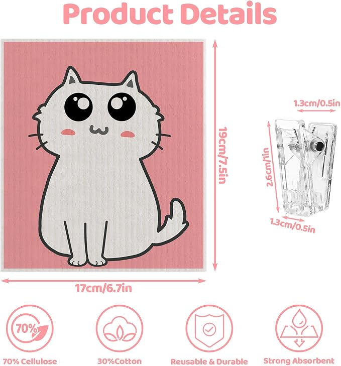 6 Pack Swedish Dishcloths for Kitchen, Cat Gifts for Cat Lovers Swedish Rag | Absorbent Dish Cloth with Adhesive Clips, Reusable Paper Towels No Odor for Countertop Sink Kitchen Cat Mom Gift for Women