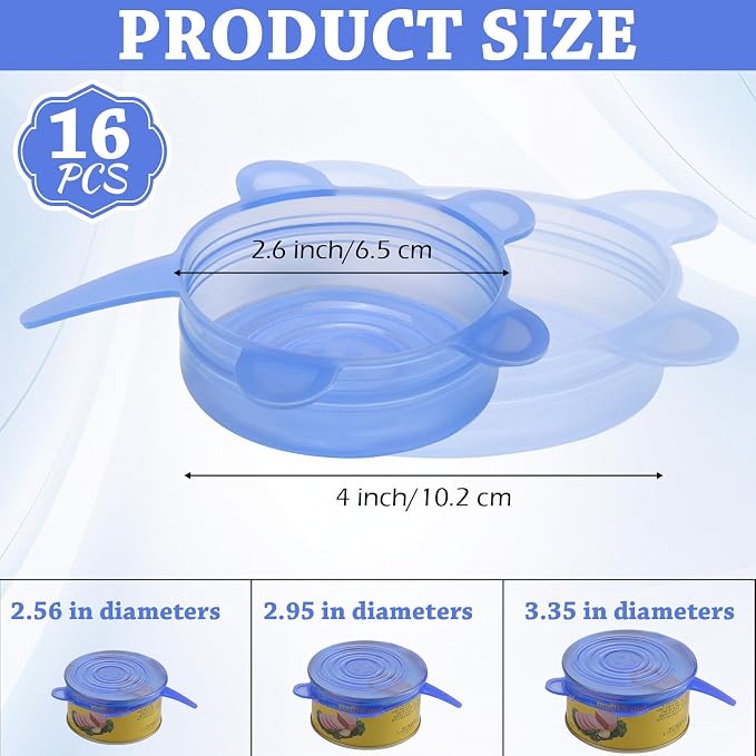 Patelai 16 Pack Silicone Jar Covers Same Size Silicone Jar Cap Stretch Lids Thicker Reusable Container Cover, Expandable Food Storage Covers Dishwasher and Freezer Safe 2.6-3.3 Inch(Blue)