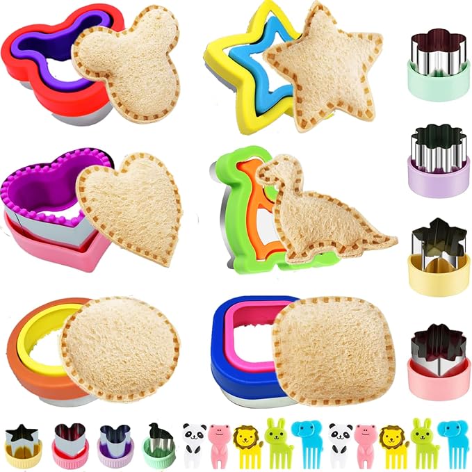 Uncrustable Sandwich Cutter, Crustless Sandwich Cutter and Sealer Set | 24PCS Sandwich Cookie Cutters & Forks, Heart Star Dino Mouse Square Circle Shapes, Lunch & Bento Box Accessories
