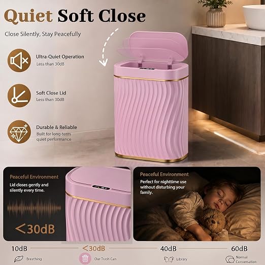2.6 Gallon Automatic Bathroom Trash Can with Touchless Lid,Pink Gold | Motion Sensor Trash Can with Slim Waterproof Body; Small Plastic Garbage Can, hands-free lid for Bedroom, office, and kitchen