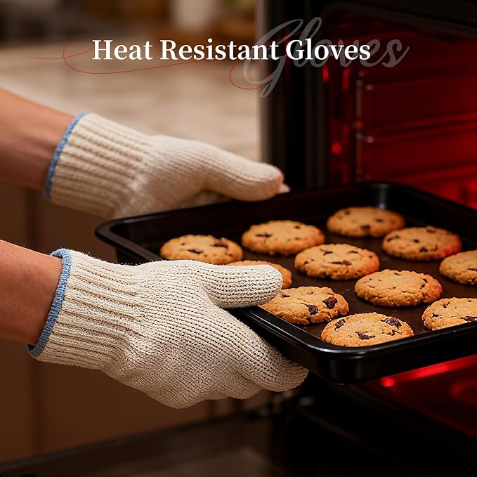 Hovico Heat Resistant Oven Gloves, Ove Glove BBQ Gloves Heat Resistant Cooking Oven Mitts with Fingers Grilling Glove, Full Hand Protection, Grill Gloves for Outdoor Hot Food Handling (Set of 2)