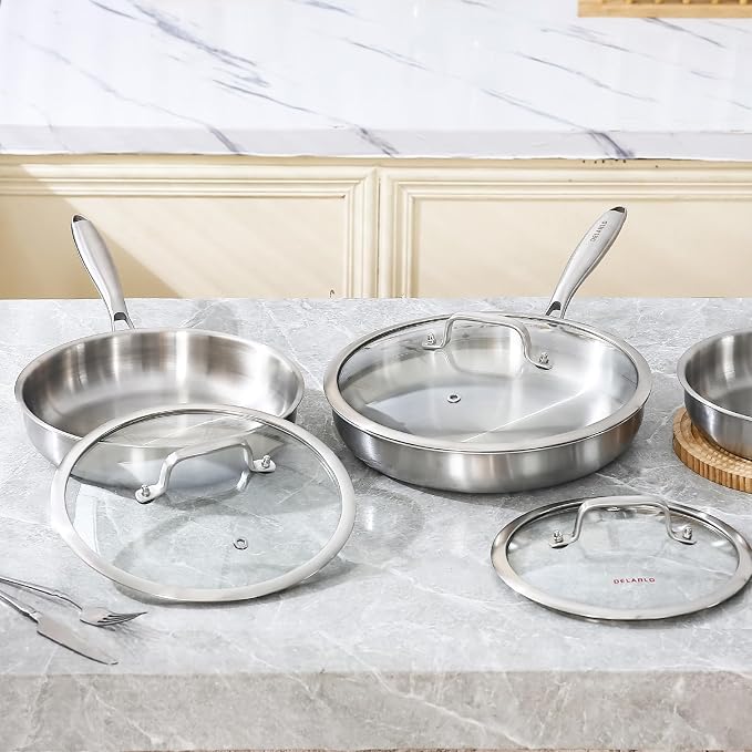 DELARLO Tri-Ply Stainless Steel Pan,18/10, 8",10" | Nontoxic Durable Oven Safe 800℉ All Cooktops Compatible Fast Even Heat PFOA Free Large Frying Pan Nontoxic Cookware