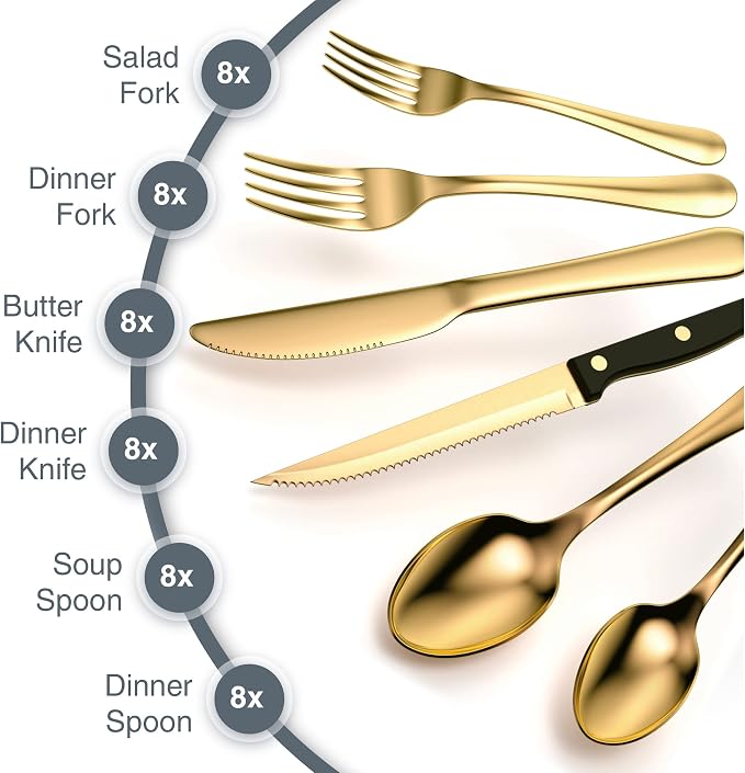 49 Piece Gold Silverware Set - Service for 8 - Stainless Steel Gold Flatware serving set - Cutlery Set - Knives, Fork, and Spoon - Dishwasher Safe - Stunning Polished Finish
