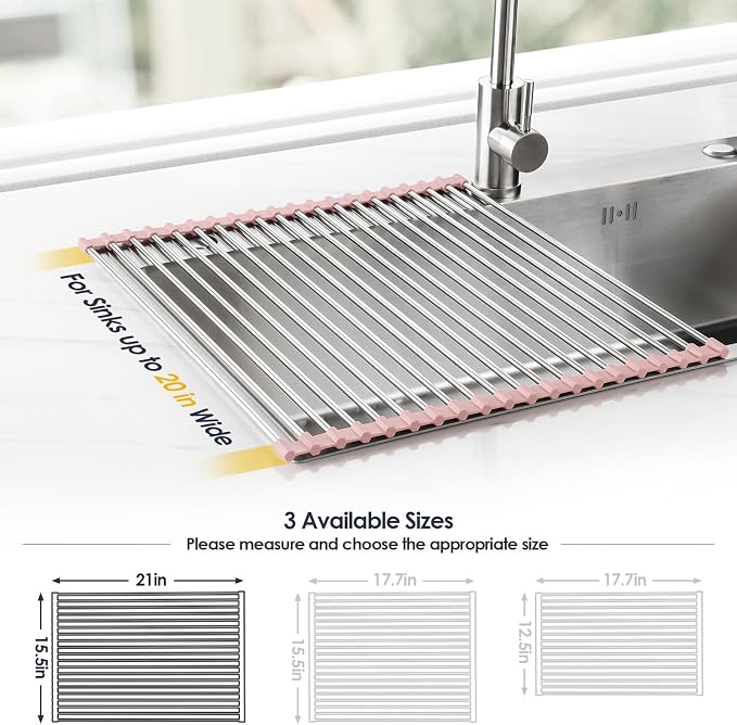Tomorotec Roll Up Dish Drying Rack Over Sink, 304 Steel, 21x15.5, Pink | Anti-Slip Silicone Rims For Grip, Heat-Resistant Trivet Mat Holding Heavy Cookware, Rustproof Kitchen Counter Space Saver