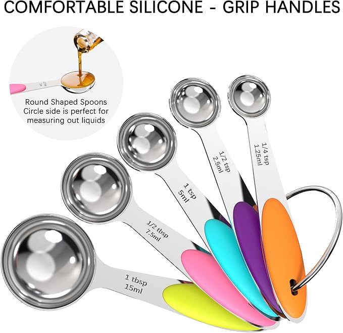 TILUCK Nesting Measuring Cups and Spoons Set, Stainless Steel with Soft Silicone Handle – Heavy Duty & Dishwasher Safe for Measuring Dry/Liquid Ingredients, Ideal for Cooking & Baking (10)