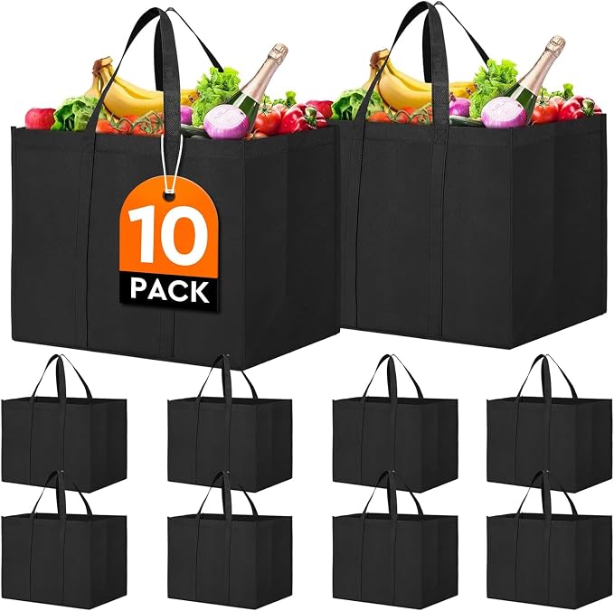 Reusable Grocery Shopping Bags 10 Pack Large Foldable Tote Bags Bulk | Eco Produce Bags with Long Handle for Shopping Groceries Clothes (Black)