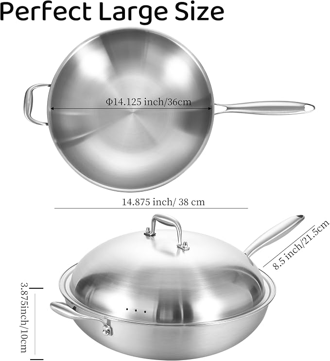 LOLYKITCH 14.5 Inch Stir-Frying Wok Pan with Steel Lid | Tri-Ply Stainless Steel | Induction Cooking Wok Pan | Dishwasher and Oven Safe | Heavy Duty | Detachable Handle