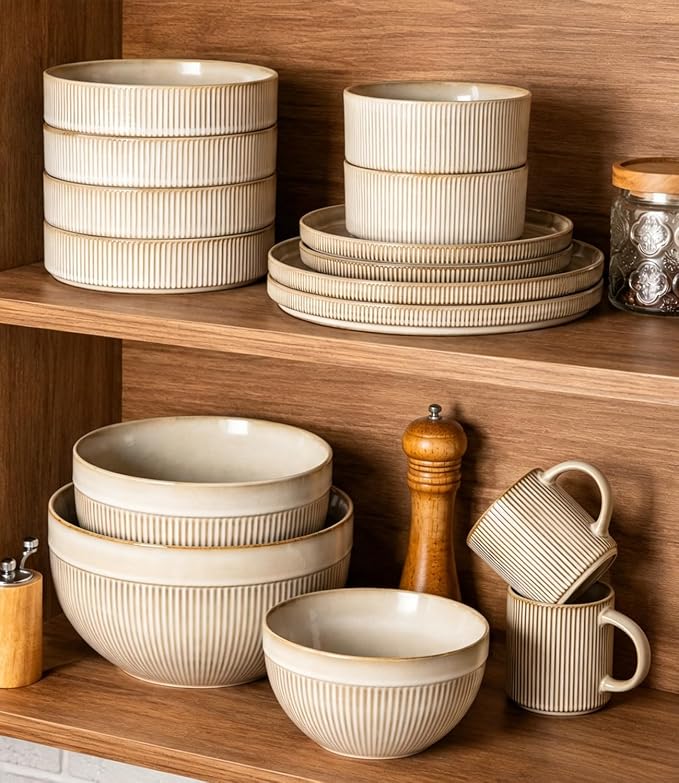 GBhome Ceramic Mixing Bowls Set of 3, Stoneware Nesting Serving Bowls | 45/90/150 oz For Prep, Baking, Serving, Gift, Microwave and Dishwasher Safe, Ribbed Dishware Collection,Cappuccino