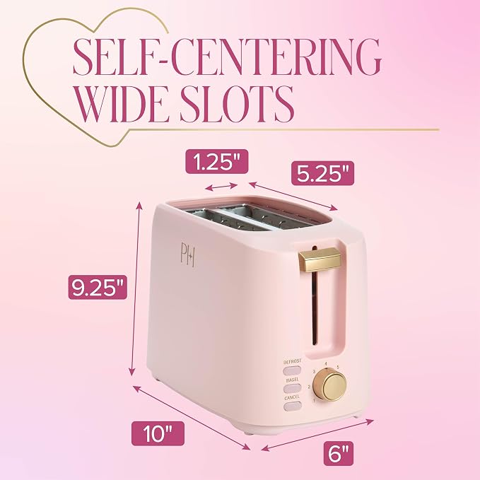 Paris Hilton 2-Slice Toaster, Extra-Wide Slots, 7 Browning Settings, Bagel & Defrost Functions, Removable Crumb Tray, Pink