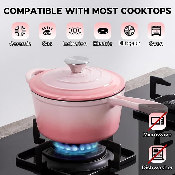 Onader Cast Iron Sauce Pan Pot, 2QT Small Saucepan with Lid, Enameled Cast Iron Dutch Oven Cooking Kitchen Pot – Pink