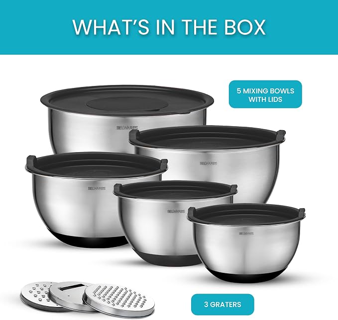 Belwares Mixing Bowls with Lids Set of 5 and 3 Graters, Stainless Steel | Non-Slip Silicone Base, Nesting Bowls Space-Saving for Baking, Food Prep, Storage, Dishwasher Safe, Airtight Lids, Black