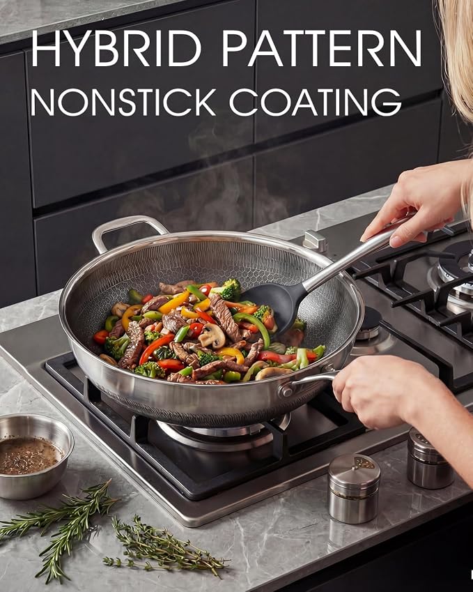 USELUCK Nonstick 12-Inch Wok with Glass Lid,Hybrid Tri-ply Stainless Steel WokCompatible with All Cooktops.