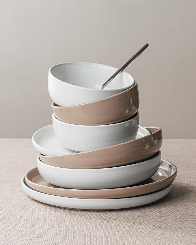 Famiware Milkyway 12-Piece Stoneware Dinnerware Set, White & Cinnamon Brown | Plates and Bowls for 4, Dishes Set for Everyday & Formal Use, Microwave & Dishwasher Safe, Chip & Scratch Resistant
