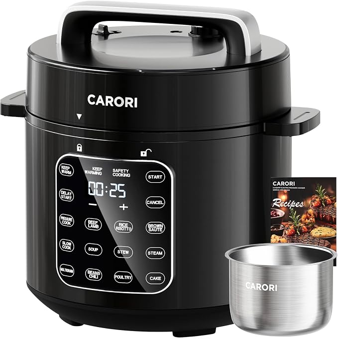CARORI 6Qt 9-in-1 Electric Pressure Cooker,12 Presets - Quick Meals, Time-Saving, Healthy Dinner,Olla Presion, Electric Canner, Home Appliance, Small Appliance, (Black/SS)