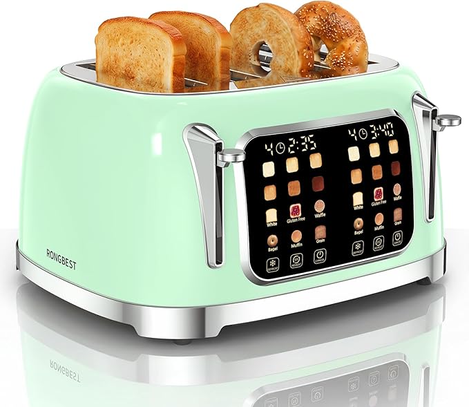 RONGBEST Retro Stainless Steel Toaster 4 Slice with Wide Slot Touch Screen, 6 Browning Levels for Breakfast Bagel & Bread, Reheat & Defrost, Removable Crumb Tray, Mint Green