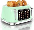 RONGBEST Retro Stainless Steel Toaster 4 Slice with Wide Slot Touch Screen, 6 Browning Levels for Breakfast Bagel & Bread, Reheat & Defrost, Removable Crumb Tray, Mint Green
