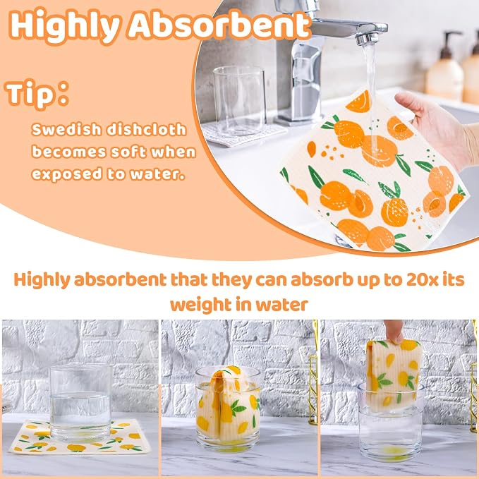 6 Pack Fruit Swedish Dishcloths for Kitchen,Swedish Rags Dish Towels | Reusable Paper Towels with Clips Washable Absorbent Cellulose Sponge Cloths for Countertop Dishes Cleaning