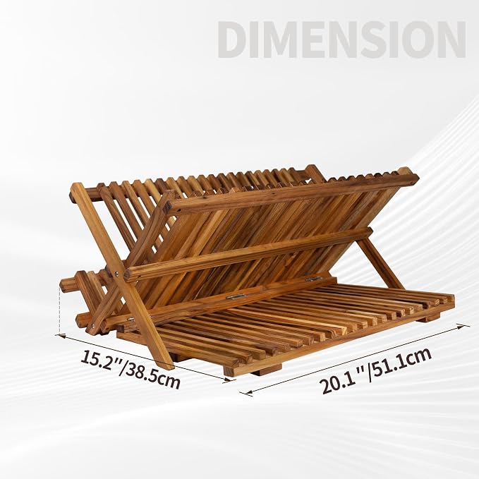 Utoplike Large Teak Dish Drying Rack, Wood Collapsible Organizer for Plates | 3 Tier Kitchen Dish Draine for Countertop, for Pasta Plates, Cups, Pots