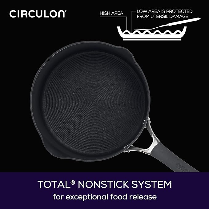 Circulon Radiance Hard-Anodized Nonstick Saucepan with Lid, 3-Quart | Straining lid for easy draining, durable hard-anodized nonstick construction for everyday cooking, in Gray
