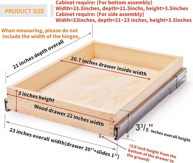 23”W x 21”D x 3”H Soft Close Slide Out Wood Drawer Organizer for Kitchen, Bottom and Side Assembly (Cabinet Opening>23.5 inches for Bottom Assembly, Opening= 23 inches for Side Assembly)