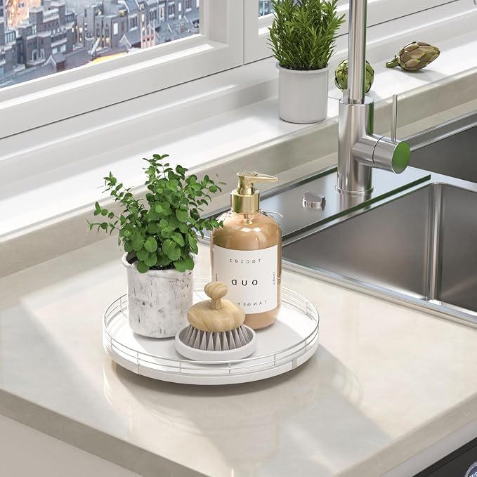Oroyutor 10-Inch Oak Lazy Susan Vanity Tray with Silver Metal Rail | Rotating oak tray organizes spices, toiletries and decor on kitchen counters, bathroom vanities, dining and coffee tables.