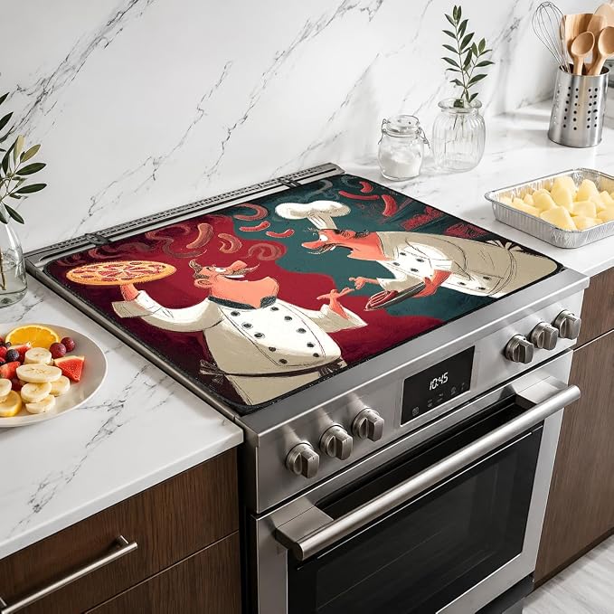 Electric Stove Top Cover for Glass Top, Funny Chef Pizza Decor – Heat Resistant Flat Stove Top Covers, Decorative Scratch Protector Mat for Glass Ceramic Cooktop, Non-Slip, 28"x20"