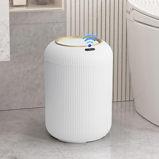 Automatic Motion Sensor Bathroom Trash Can with Lid,White and Gold | 3 Gallon Touchless Trash Bin,Auto Plastic Electric Garbage Cans Small White waste basket for Office, rv, Bedroom, Living Room