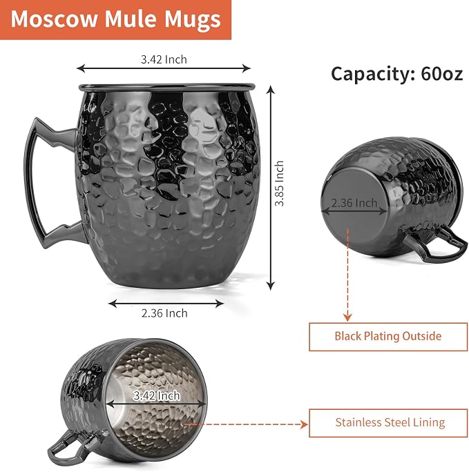 Amrules 16oz Moscow Mule Mugs Hammered with Angled Handle, Black | 304 Stainless Steel Lining, Delicate Hammered Finish, Firm Handle, for Cold Drinks, Cocktails, Wine, Beer, Bars & Parties