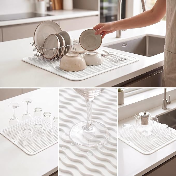 MicoYang Silicone Dish Drying Mat for Multiple Usage,Easy clean,Eco-friendly,Heat-resistant Silicone Mat for Kitchen Counter or Sink,Refrigerator or Drawer liner White M 12 inches x 12 inches