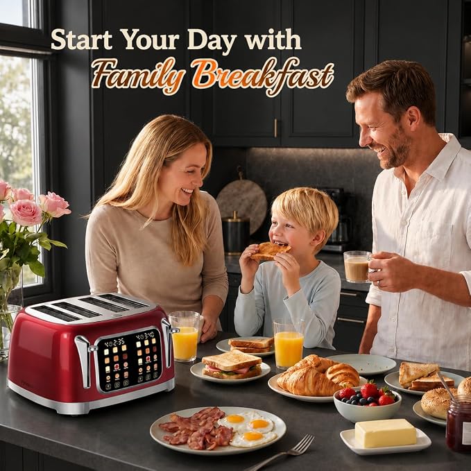 RONGBEST Retro 4 Slice Stainless Steel Toaster with Wide Slot Touch Screen for Family Breakfast, Reheat & Defrost, 6 Browning Levels for Bagel & Bread, Easy Removable Crumb Tray, Red Pearl