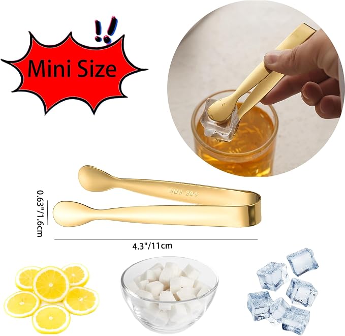 8PCS Gold Mini Metal Tongs, 4.3"/11cm,Stainless Steel,for Ice Cube, Sugar | Small Kitchen Accessories for Serving Food, Salad, Toaster, Desserts