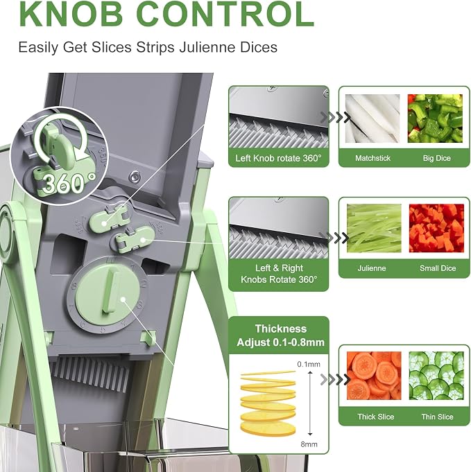 All-in-1 Safe Mandoline Slicer for Kitchen, Food Chopper with Container | 0.1-8mm Thickness Vegetable Chopper, Safe Mandoline Slicer, Potato French Fry Cutter Tomato Apple Slicer Onion (Green)