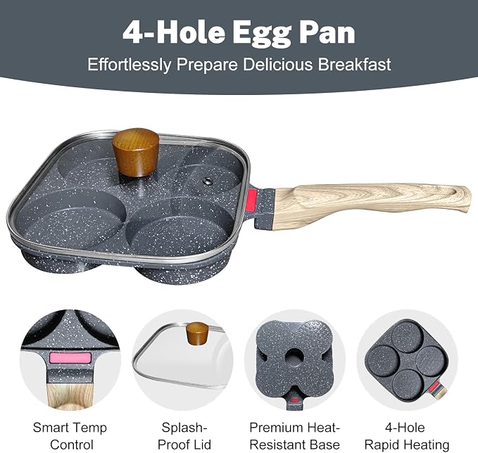 4‑Cup Nonstick Egg Pan Set with Lid – Aluminum Omelette Skillet for Breakfast, Includes Silicone Scraper, Oil Brush, Chopsticks & Cleaning Cloth – Compatible with Gas & Induction Cooktops (Black)