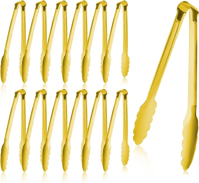 Buffet Tongs 7'' Inches Serving Tongs Heavy Duty Stainless steel Kitchen and BBQ Utility Tong Pack of 12 (Gold, 7inch)