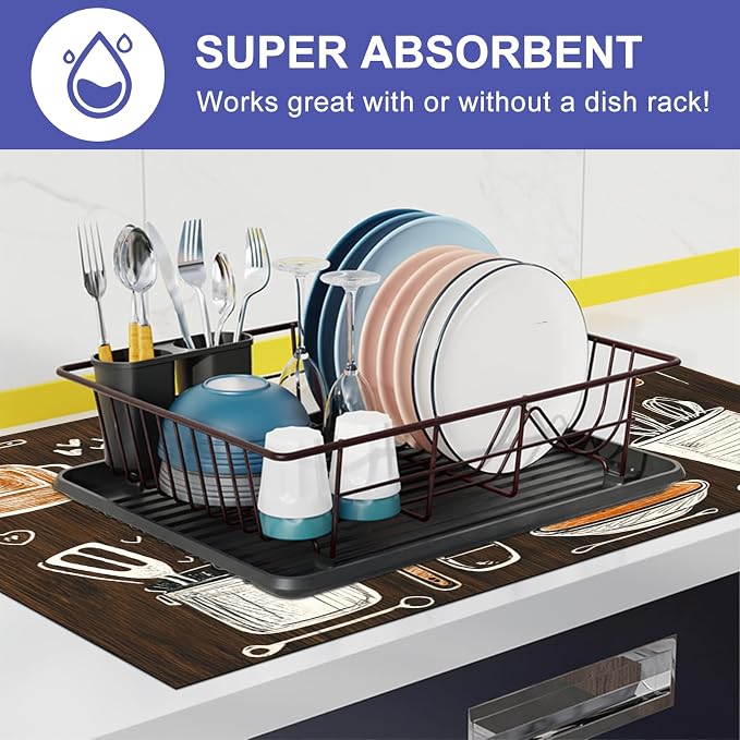 HOMETITUTE Stove Top Covers for Electric Stove Heat Resistant 28x20 Inch Glass Cooktop Protector Counter Mat Kitchen Decorations Dish Drying Mat Wooden Style Delicious Cuisine Design