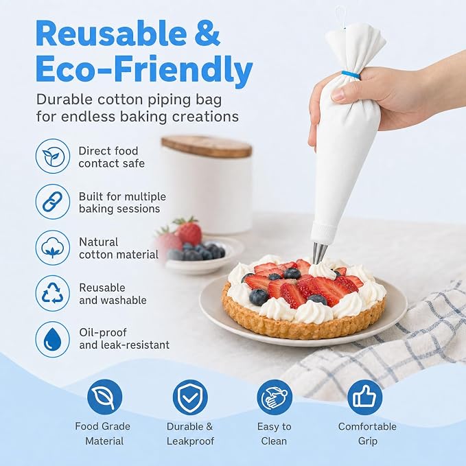 Reusable Piping Bags and Tips Set – 16" Pastry Bags for Cake Decorating, Cupcakes & Cookies with Frosting Tips – Leak-Proof Cotton Icing Bags, Eco-Friendly Baking Kit for Home Bakers & Beginners