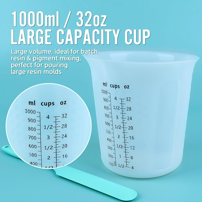Silicone Resin Mixing 1L Measuring Cup Set for Resin Supplies, Easy-to-Read Marks, 1000ml/32oz Large Cup, 500&250&100ml Thickened Reusable Silicone Cups for Epoxy Mixing, Jewelry Making