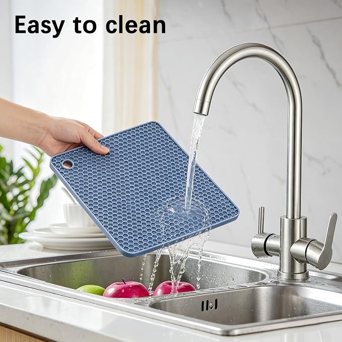 4 Pack Silicone Trivet Mat, Silicone Trivets for Hot Pots and Pans, Non-Slip & Heat Resistant Silicone Hot Pad for Kitchen Counter Mat Set, Soft Drying Mat, Jar Opener and Coasters, Square, Blue