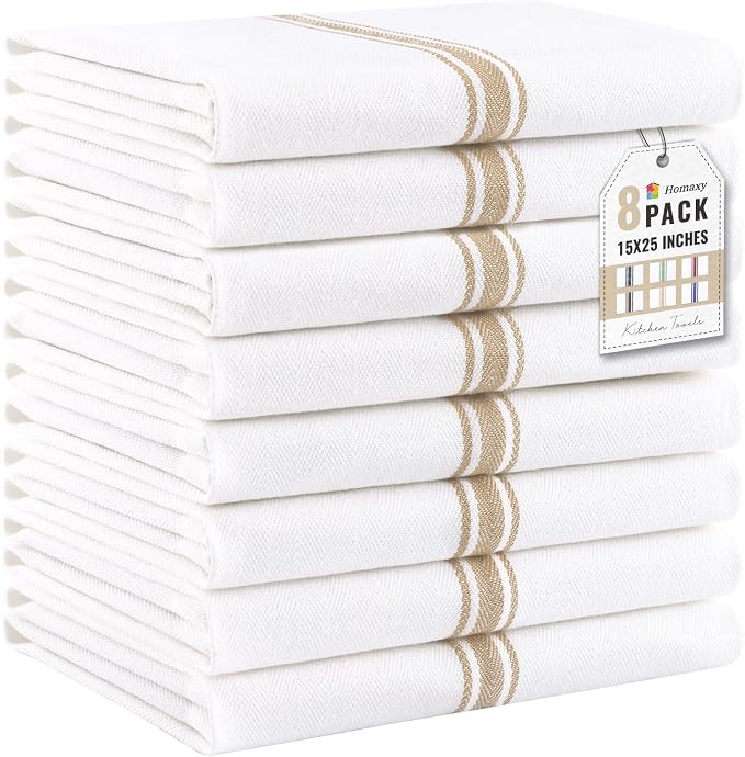 Homaxy 100% Ring Spun Cotton Kitchen Towels 8 Pack, Khaki Stripe | 15 x 25 Inch, Highly Absorbent Dish Towels for Kitchen Drying, Reusable Cleaning Cloths, Soft Tea Towels with Hanging Loop