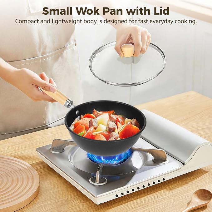Small Wok with Lid, Mini Wok, 8" Non-stick Mini Frying Pan, Compact, Coating-less, Cast Iron Wok with Wooden Handle, Compatible with Induction, Gas, Ceramic Stove