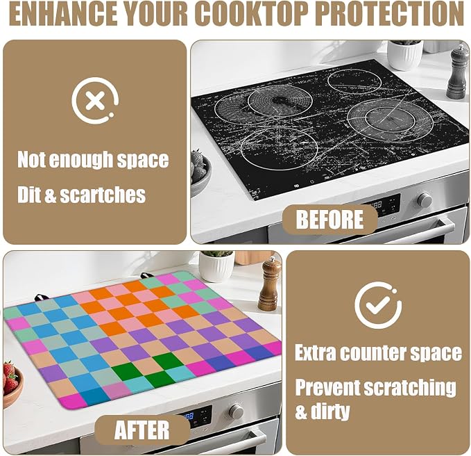 Colorful Checkered Stove Top Covers for Electric Stove, Electric Gas Stove Pad Heat Resistant Range Cooktop Protector for Home Decor Kitchen 28"x20"