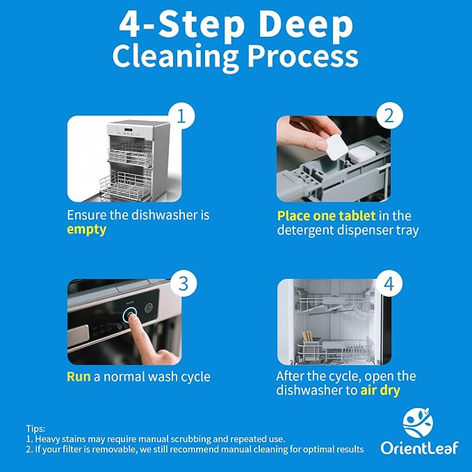 ORIENTLEAF Dishwasher Cleaning Tablets, Lemon Scent 9 Month Supply, Dishwasher Cleaner and Deodorizer, Dish washer Descaler