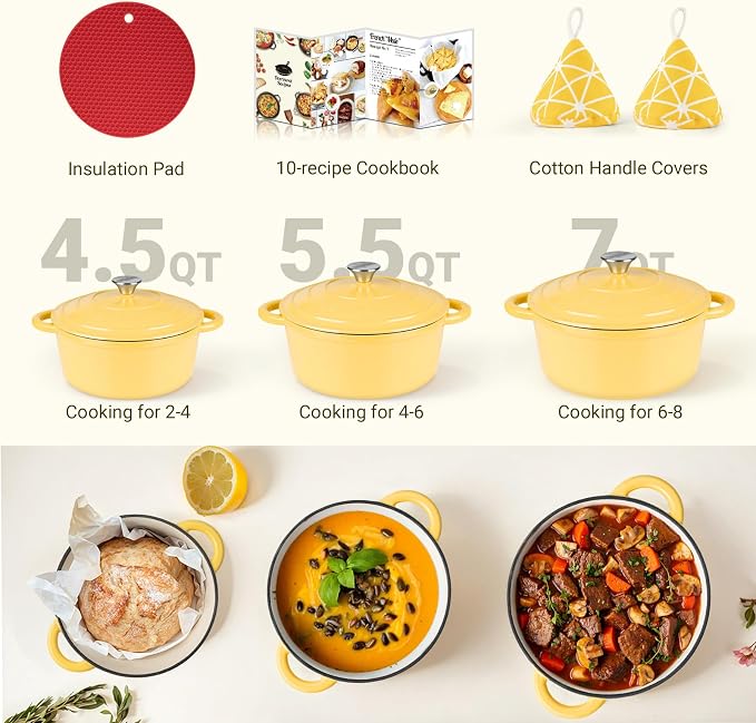 Overmont Enameled Cast Iron Dutch Oven - 5.5QT Pot with Lid Cookbook & Cotton Potholders - Heavy-Duty Cookware for Braising, Stews, Roasting, Sourdough Baking Goose Yellow