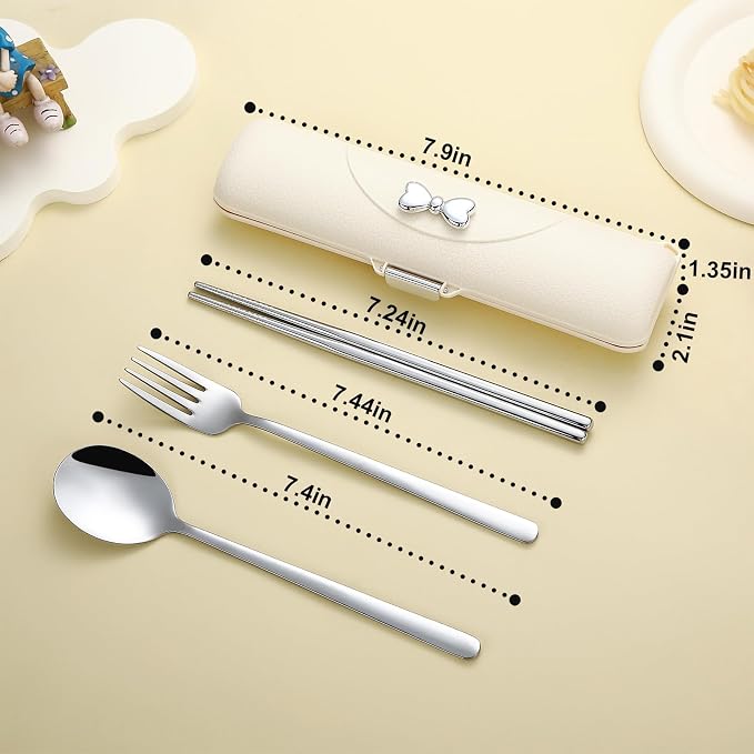 DEVICO Travel Silverware Set with Case,Portable Lunch Utensils Set for Work | 4Pcs 18/8 Stainless Steel Travel Cutlery Set, Fork and Spoon Set for Camping/School/Lunch Box, Dishwasher Safe, Light Yellow
