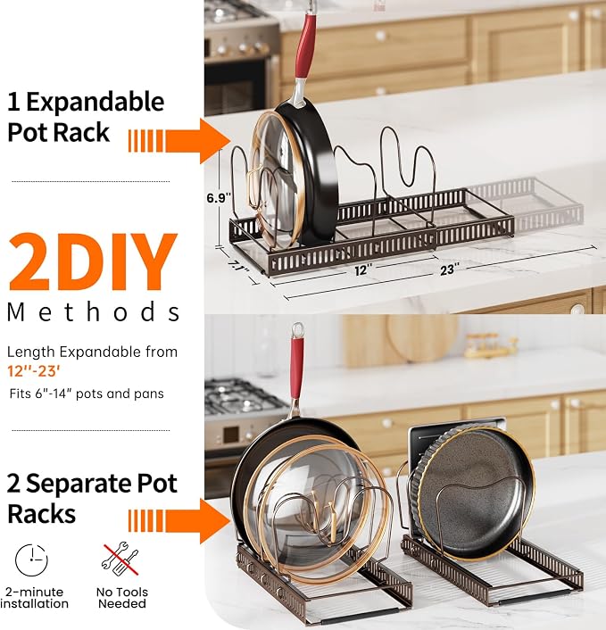 MUDEELA Expandable Pot Pan Lid Organizers inside Cabinet, 12 Divider-Bronze | Expandable 11.8–22.9", 12 Adjustable Divider, Tool-Free Assembly, Non-Slip, Scratch-Proof, For Pan Lid Cutting Board Bakeware