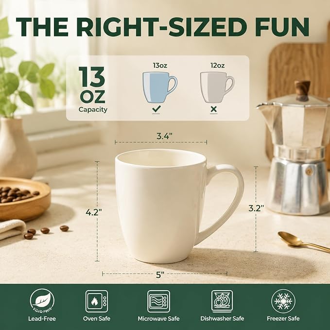 White Porcelain Coffee Mugs Set of 6, 13 Ounce Coffee Cups with Handle, Ceramic Tea Mugs for Latte, Hot Tea, Cappuccino, Mocha, Cocoa, Mug Gift Set, Dishwasher and Microwave Safe