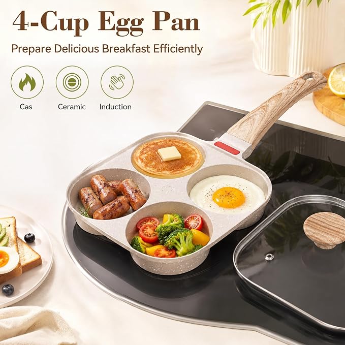 Egg Pan, Premium Egg Pans Nonstick, Omelette Pan with Lid , Healthy Egg Frying Pan for Breakfast, Egg Sandwich, Hamburger, Pancake, Egg Skillet Suitable for Gas Stove & Induction Cookware (White)