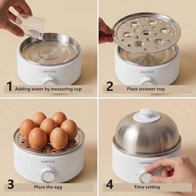 14 Eggs Electric Egg Cooker, 350W Rapid Egg Boiler with 30-Min Timer & Auto Shut-Off, Stainless Steel, Dishwasher Safe for Soft, Medium, Hard Boiled, Steamed Eggs, Vegetables & Seafood, White