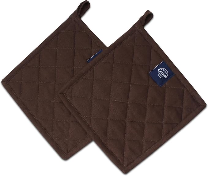 Encasa XO Pot Holders, Quilted Kitchen Hot Pads 8"x8" | Dark Taupe & Beige, 100% Cotton | Heat Resistant | Hanging Loop | Multipurpose Trivets | Machine Washable | Set of 2